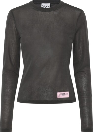 GANNI Sheer Mesh Jersey Long Sleeve Top Grey 42
