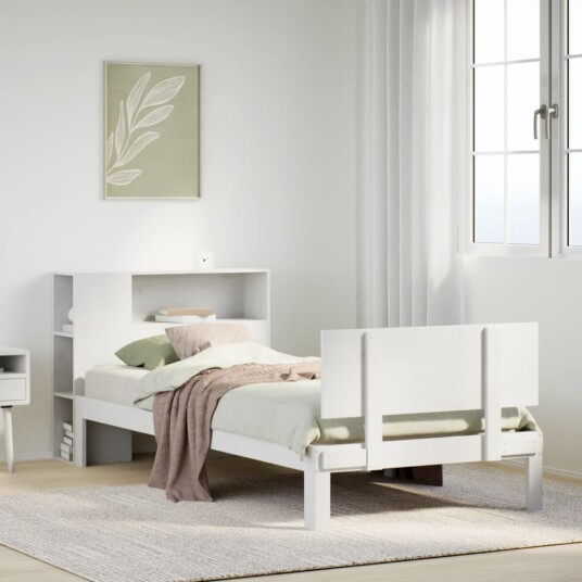 Seng med bokhylle uten madrass hvit 75x190 cm heltre furu 3322643