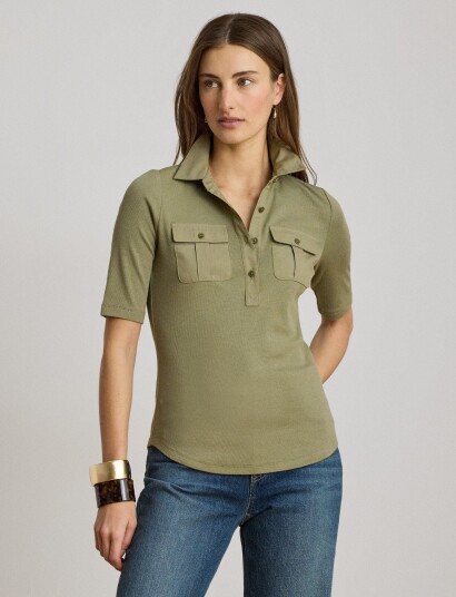 Lauren Ralph Lauren Rib Knit Elbow Sleeve Collared Top Khaki green S