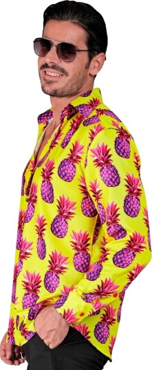 Gul UV Glow Skjorte med Lilla Ananasmotiver til Mann   XX Large