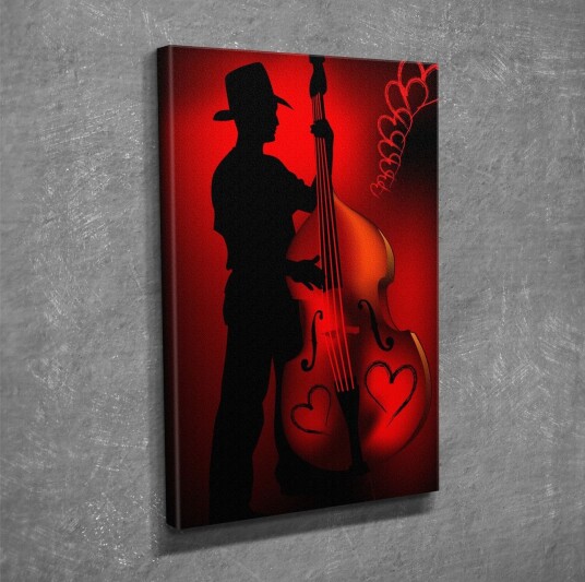 Liten lerretsbilde 30x40 cm Silhuett av en musiker som spiller kontrabass med hjerteformede detaljer Rød / Svart