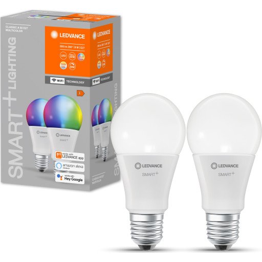 LEDVANCE SMART+ standard 9W RGBW 806 lumen, matt E27 WiFi 2-pakning LEDVANCE SMART+ standard 9W RGBW 806 lumen, matt E27 WiFi 2-pakning