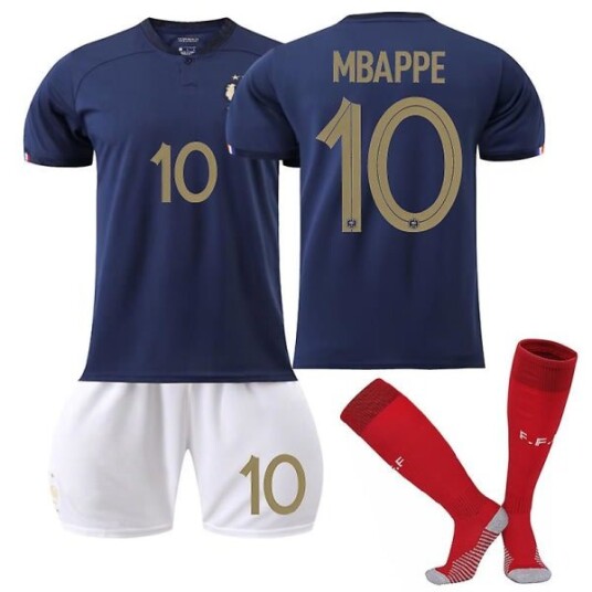 Frankrike Hjemmedrakt 2022/23 VM Mbappe #10 Fotballtrøye T-skjorte Shorts Sett Fotball 3-delt sett for barn Voksne Adult XS(160-165cm)