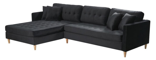 Marino Deluxe sjeselongsofa høyre eller venstrevent med puter velour svart.