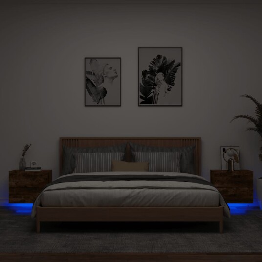  Vegghengte nattbord med LED-lys 2 stk røkt eik 8721012254053