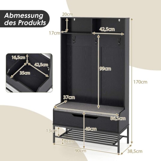 4 i 1 garderobe med benk & Skoskap & 3 kroker klesstativ klesstativ svart 4 i 1 garderobe med benk & Skoskap & 3 kroker klesstativ klesstativ svart