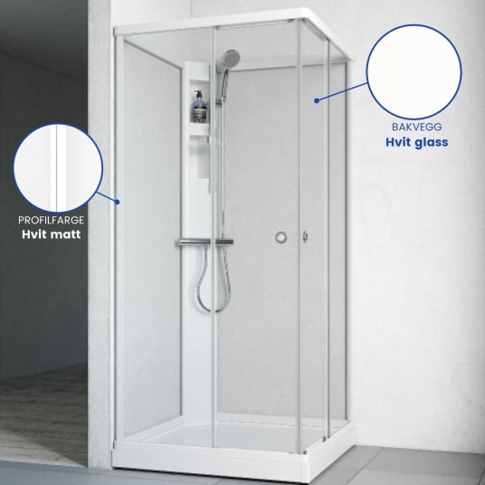 Macro Flow Rett Dusjkabinett, m/armatur 81x81 cm, Hvit/Klarglass, Hvit bakvegg