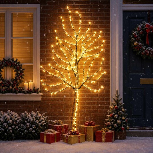 vidaXL Vegghengt LED-juletre 180 cm 200 LED-lys Varmhvit Stål Svart