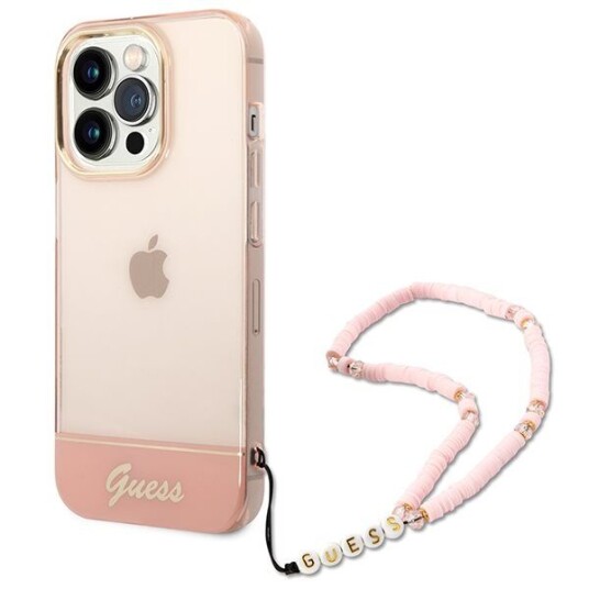 iPhone 14 Pro Max Guess Deksel Gjennomsiktig Rosa med Stropp