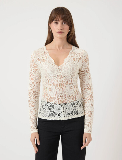 YAS Yaslacey Ls V-Neck Lace Top S. Noos - White - S