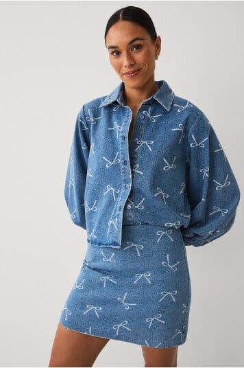 Ellos Collection Denim skjørt med dekorative sløyfedetaljer Blå