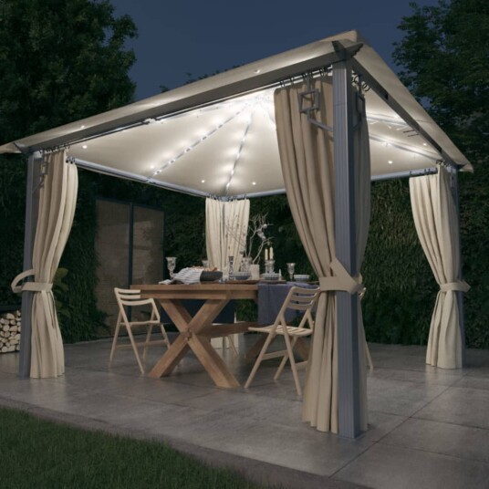 vidaXL Paviljong med gardin og LED-strenglys 3x3 m kremhvit aluminium vidaXL Paviljong med gardin og LED-strenglys 3x3 m kremhvit aluminium
