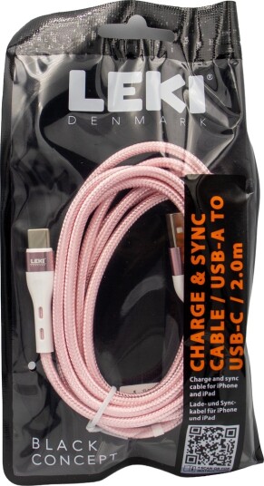 LEKI DENMARK BRAIDED PINK CABLE USB-A TO USB-C 2.0 M