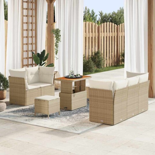 8-delt hagesofaset med puter beige poly rattan.