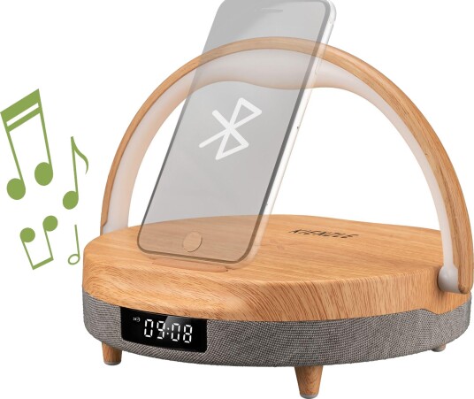 Kienzle LED vekkerklokke med trådløs lading - Bluetooth - Tre/Grå Kienzle LED vekkerklokke med trådløs lading - Bluetooth - Tre/Grå