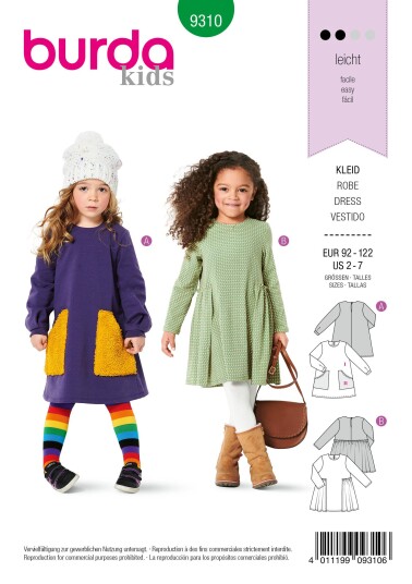 Burda 9310 - Kjole EUR: 92-122, US 2-7