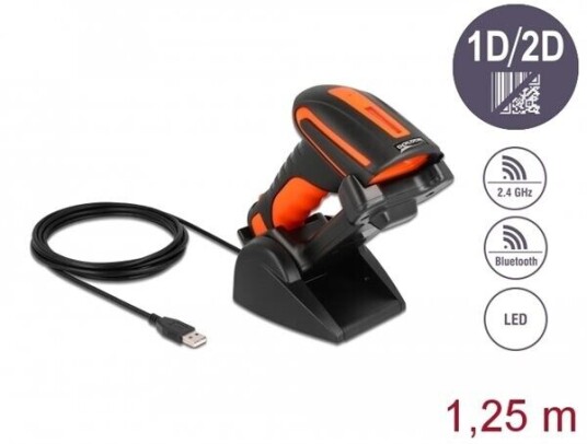 Delock Strekkodeskanner håndholdt 120 skann/sek dekodet USB 2.0 RF(2.4 GHz) Bluetooth 4.1 Delock Strekkodeskanner håndholdt 120 skann/sek dekodet USB 2.0 RF(2.4 GHz) Bluetooth 4.1