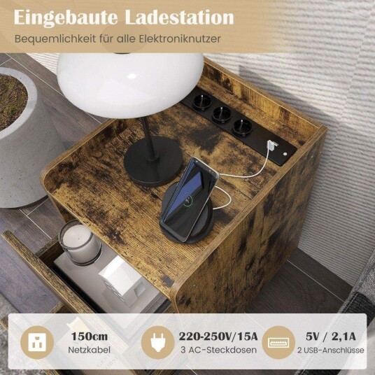 Nattbord med ladestasjon – 2 skuffer USB porter