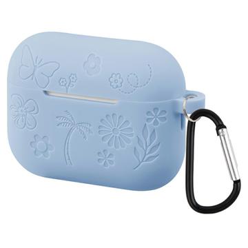 AirPods Pro 3 Etui i flytende silikon med karabinkrok og blomstermønster babyblå