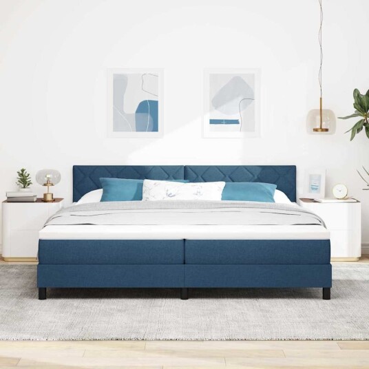  Box Spring Seng med Madrass Blå 200x200 cm Stoff