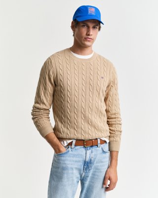 Gant Kabelstrikket genser i bomull med rund hals KHAKI MELANGE XXXL
