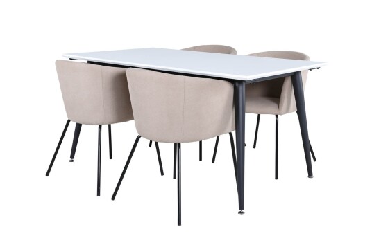 Jimmy150 spisegruppe spisebord uttrekksbord lengde cm 150 / 240 hvit og 4 Berit spisestuestoler beige.