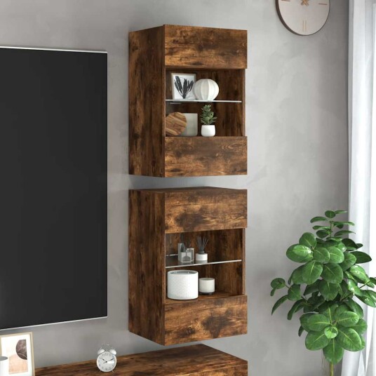 Vegghengte skap med LED lys for TV 2 stk røkt eik 40x30x60,5 cm