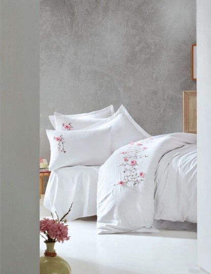 Cotton Box Sengesett Dobbel 6 delt Premium Sateng Hvit/Rosa Cotton Box Sengesett Dobbel 6 delt Premium Sateng Hvit/Rosa