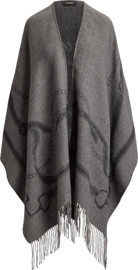 Lauren Ralph Lauren Belting Motif Jacquard Fringe Trim Ruana BLACK/CHARCOAL One Size Lauren Ralph Lauren Belting Motif Jacquard Fringe Trim Ruana BLACK/CHARCOAL One Size