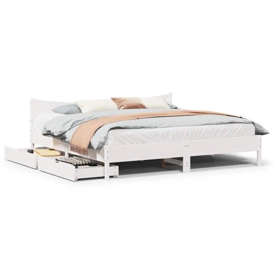  Sengeramme med skuffer hvit 200x200 cm heltre furu 8721102942839
