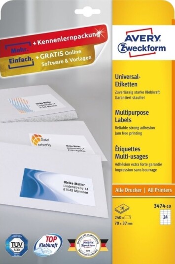 Avery 3474 10 Hvit Rektangel Permanent A4 Papir Laser/Blekkskriver