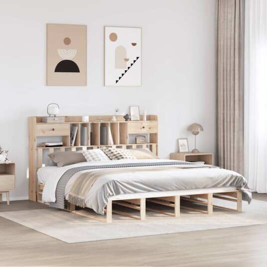 Seng med bokhylle uten madrass 200x200 cm heltre furu 8721158627582