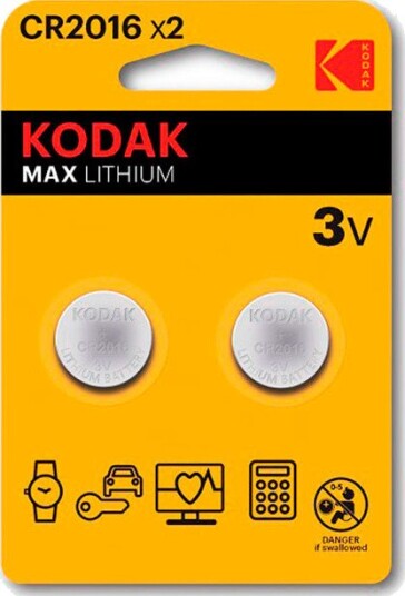 Kodak Max CR2016 litiumbatterier 3V, 2-pakning