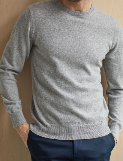 Davida Cashmere Man O-Neck Plain - Grey - S