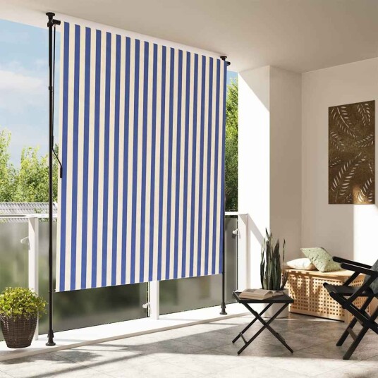  Utendørs rullegardin blå og hvit 200x270 cm stoff og stål 368767