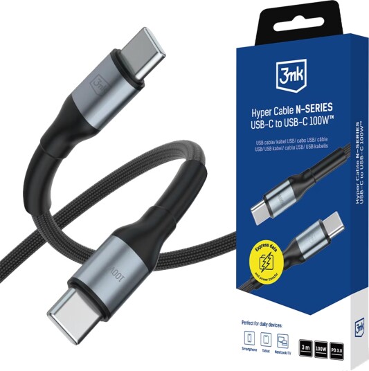 Usb-Kabel 3Mk Hyper Cable N-Series C Til C 3 M Pd 3.0 Qc 3.0 20V/5A 100W Svart Usb-Kabel 3Mk Hyper Cable N-Series C Til C 3 M Pd 3.0 Qc 3.0 20V/5A 100W Svart