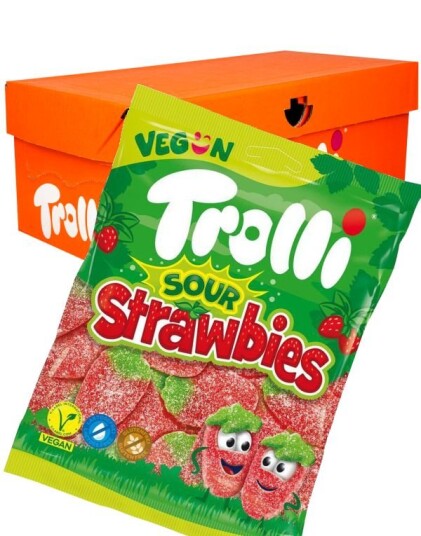 18 stk Trolli Sour Strawbies   Sure Jordbær   Hel Eske