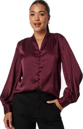 BUBBLEROOM Button Satin Blouse Wine-red S