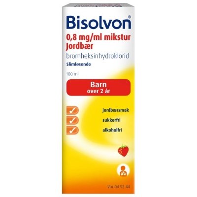 Bisolvon mikst 0,8 mg/ml jordbær 100 ml – Slimløsende mikstur for hele familien Bisolvon mikst 0,8 mg/ml jordbær 100 ml – Slimløsende mikstur for hele familien