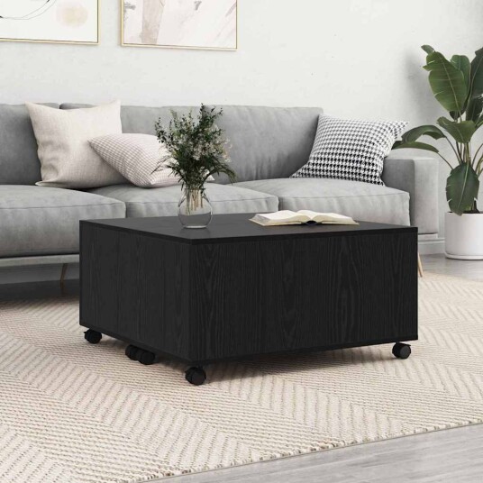 Kaffebord med hjul med lagring Svart eik 75 x 75 x 38 cm Konstruert tre Kaffebord med hjul med lagring Svart eik 75 x 75 x 38 cm Konstruert tre