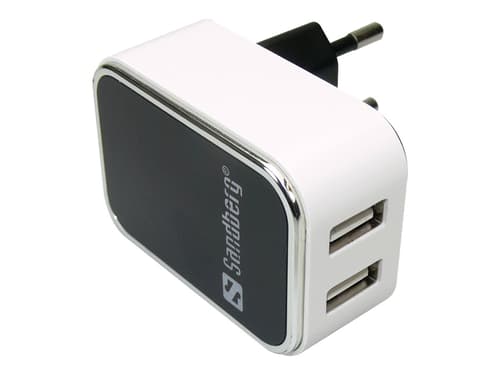 Sandberg Dual USB AC-lader 2.4A med 2 Utganger Svart/Hvit Sandberg Dual USB AC-lader 2.4A med 2 Utganger Svart/Hvit