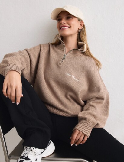 aim´n Cotton Knit Half Zip Beige L
