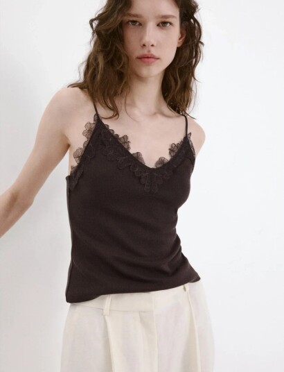 Mango Lace Detail Knit Top   Brown   XL