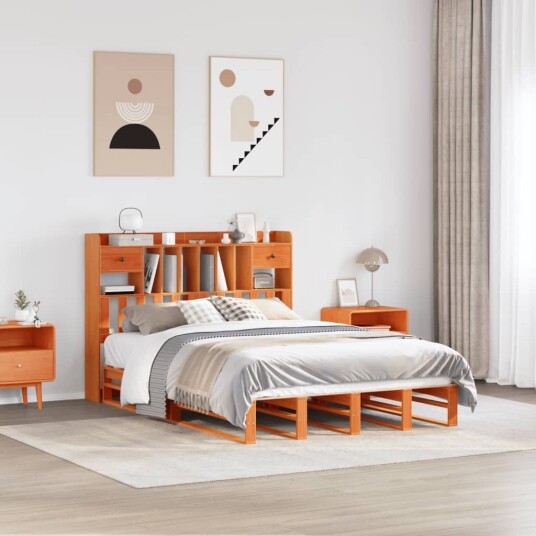  Seng med bokhylle uten madrass voksbrun 160x200 cm heltre furu 8721158627544