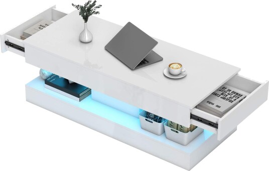 Sofabord med skuffer og LED lys – Hvit sponplater