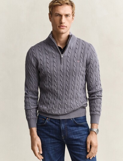 Gant Cable Knit Half Zip Sweater Grey L