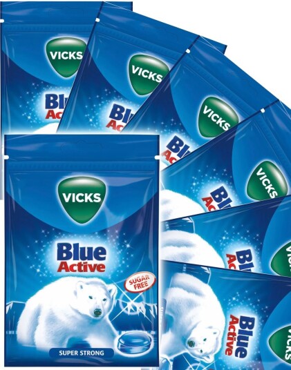20 stk Vicks Blue Active Sukkerfri Superstrong Menthol   Hel Eske 1440 gram