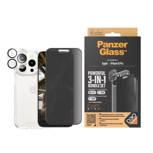 PanzerGlass 3-i-1 Bundle for iPhone 15 Pro med Personvernfilter - Skjermbeskyttelse, Deksel og Kamerabeskyttelse