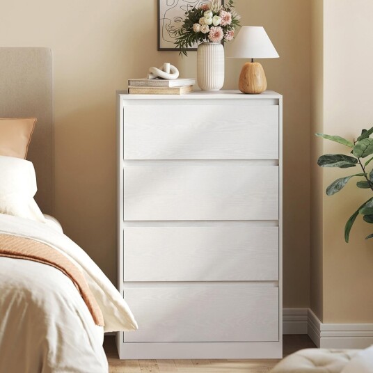 Kommode 40×60×97 cm / høy soveromskommode med fire skuffer – Hvit