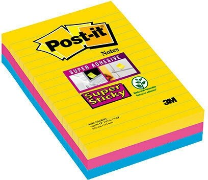 3M Post-it Super Sticky klistremerke for beskjeder foret 101 x 152 mm. 3stk
